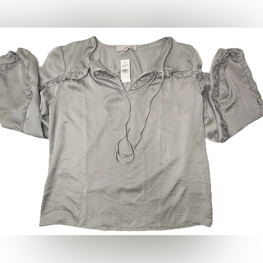 LOFT Womens Top Sz M Metallic Gray Ruffle Sleeve Satin Career Elegant Blouse New